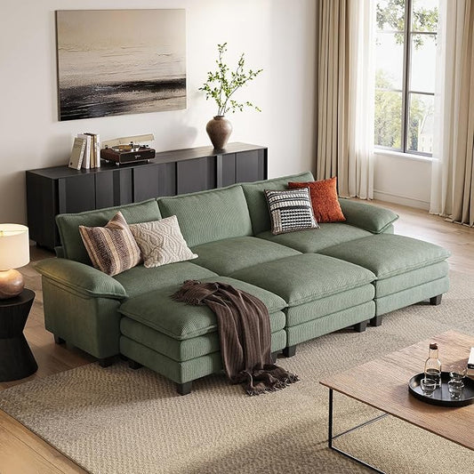 LINSY HOME Modular Sectional Sofa - 123 Inch Oversized Corduroy Cloud Couch with Movable Ottoman Soft Modern Comfy Sofa Set for Living Room Apartment Office, Green