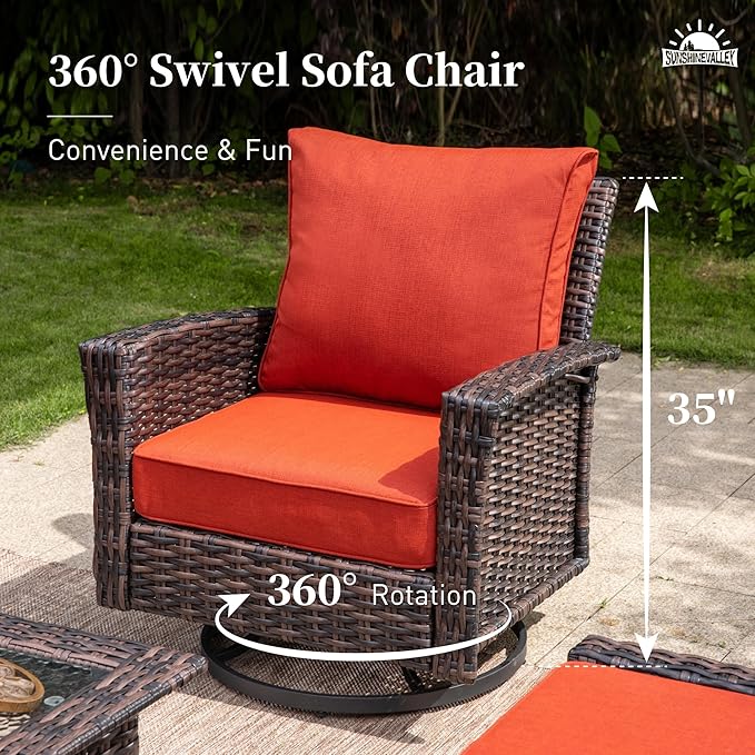 Patio Wicker Swivel Chairs Set of 2, Outdoor High Back Chairs with 5.5" Waterproof Cushions, Outdoor Furniture Set for Deck Porch and Yard, Red