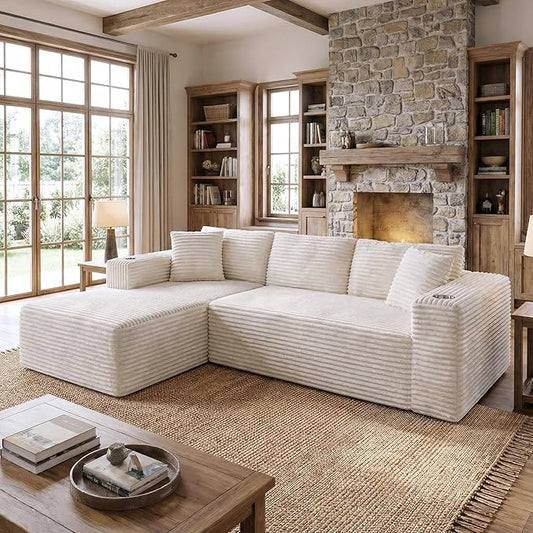 Shintenchi Boneless Couches for Living Room,Modular Sectional Sofa with 2 Cup Holders,Memory Foam Cloud Couch with L Shaped Oversized Chaise,No Assembly Needed Plush Corduroy Sofa,White