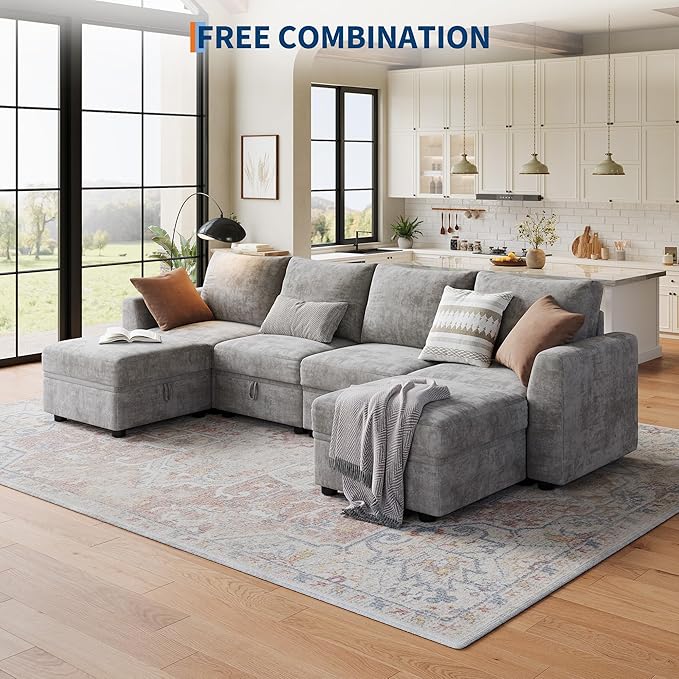 Sectional Couches for Living Room, Cloud Couch Sectional with Large Storage, l-Shape Modular Sectional Sofa with Ottoman (Gray 6-Seater)