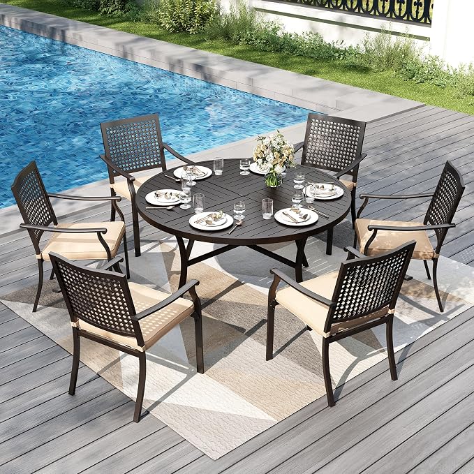 PHI VILLA Outdoor Round Dining Table for 6, 54" Large Metal Wrought Iron Table with Umbrella Hole, All Weather Furniture for Patio, Deck, Yard, Porch - Black - Image 6
