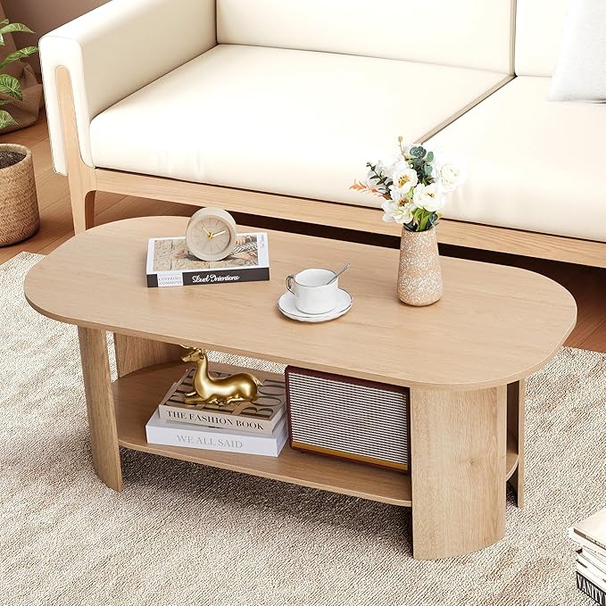 Oval Coffee Table for Living Room, 43.3” Farmhouse Coffee Tables with Storage, 2-Tier Wood Center Table with Storage Shelf Low Tea Table for Small Space, Home, Office, Easy Assembly (Natural)