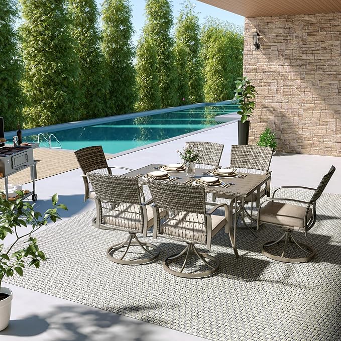 Pamapic 7-Piece Outdoor Dining Set with Swivel Rocker Chairs, Wicker Patio Furniture for 6, Poolside Garden Deck with Iron Table & Removable Cushions(Beige) - Image 3