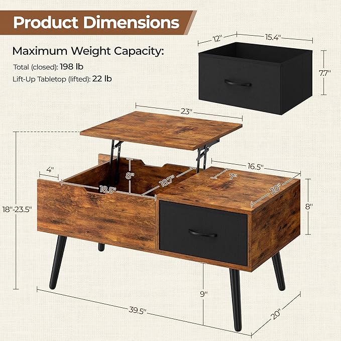 Yaheetech Coffee Table with Storage,39.5'' Lift Top Coffee Table,Hidden Storage Compartment,Foldable Drawer,Lift Tabletop Dining Center Table for Home Living Room Office,Rustic Brown