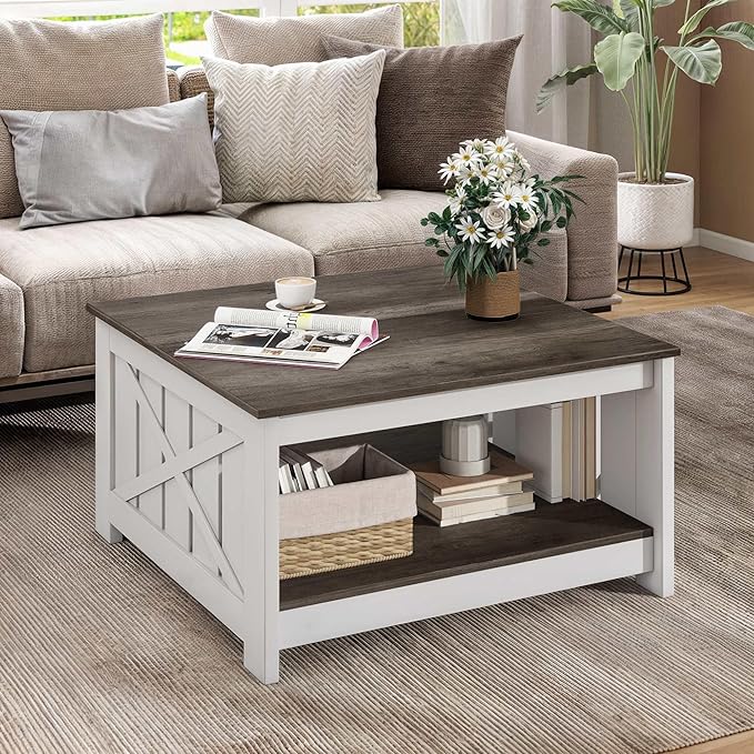 DWVO Square Coffee Table for Living Room, Farmhouse Coffee Table with Storage, 2-Tier Wood Coffee Tables Center Table with Half Open Storage Compartment, Dark Brown