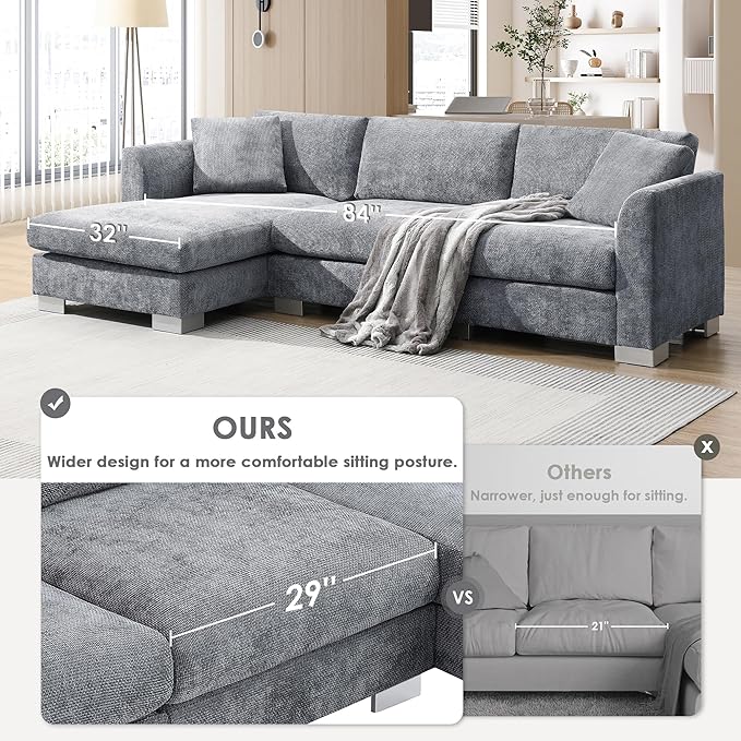 Deep Seat Oversized L Shaped Modular Sectional Sofa with Extra Wide Chaise, 4 Seater Cloud Lounge Sofa Corner Couch with Metal Legs and Detachable Cushions for Living Room Apartment, Chenille Fabric