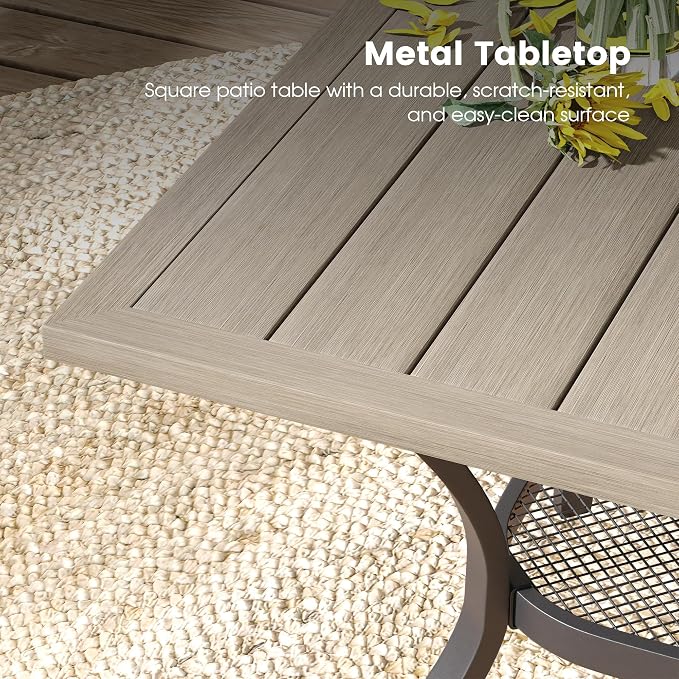 DIFY 5 Pieces Outdoor Patio Dining Set for 4, 37.8" Grey Wood-Like Square Dining Table with Umbrella Hole and 4 Sandshell Stackable Sling Chairs, Outdoor Table and Chairs for Lawn Backyard Garden - Image 3