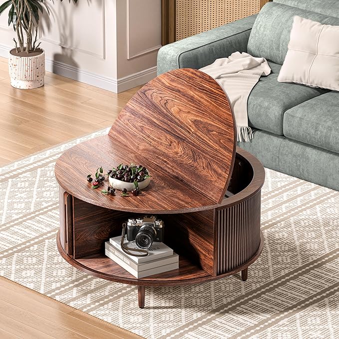 Round Coffee Table, Walnut 31.5" Fluted