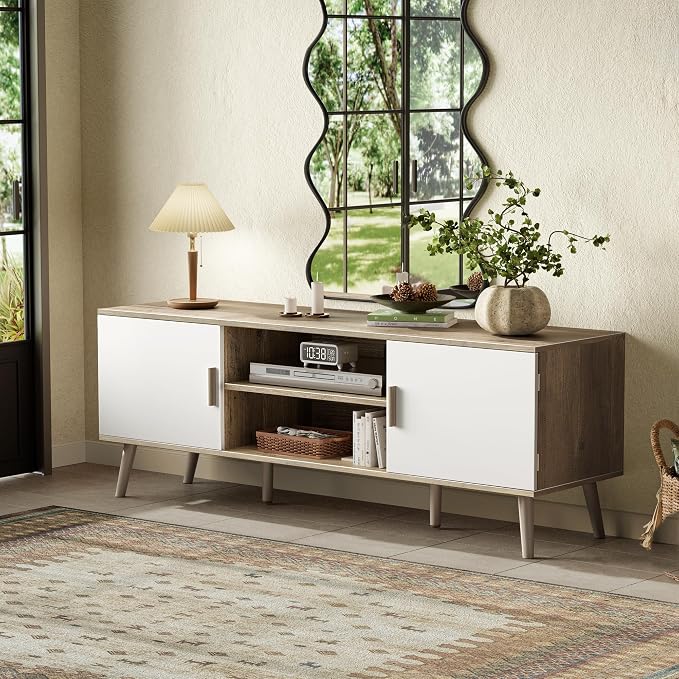 SUPERJARE TV Stand for 55 Inch TV, Entertainment Center with Adjustable Shelf, 2 Cabinets, TV Console Table, Media Console, Solid Wood Feet, Cord Holes, for Living Room, Bedroom, Gray and White - Image 9