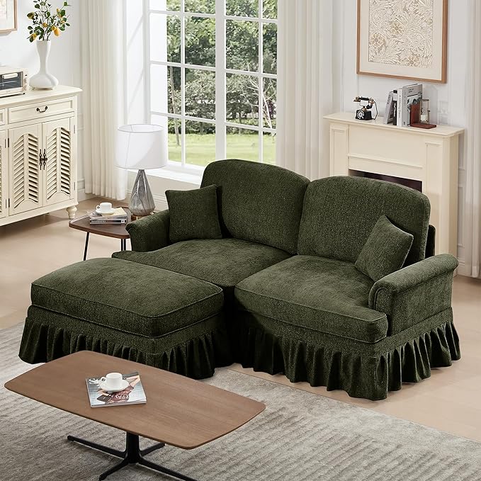 KEIKI Mid Century Modular Sofa with Flared Arms and Skirted Design, 76" Loveseat with Ottoman Chenille L-Shaped Sectional Couches for Living Room, Small Spaces Soft Chaise Lounge Indoor, Green