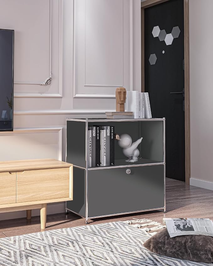 32.5-Inch Flip-Top Side Table & Buffet Cabinet with Detachable Wheels, Ample Storage, DIY Corner Bookshelf, Wall Shelf, Cube Organizer, Bedside Table – Modern Home Decor, Grey - Image 8
