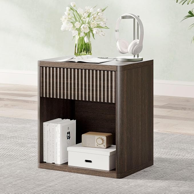 Fluted Nightstand with Drawer Bed Side Table Wide End Table Modern Night Stands with Large Storage Charging Station Mid Century for Bedroom Living Room Office,Walnut - Image 9