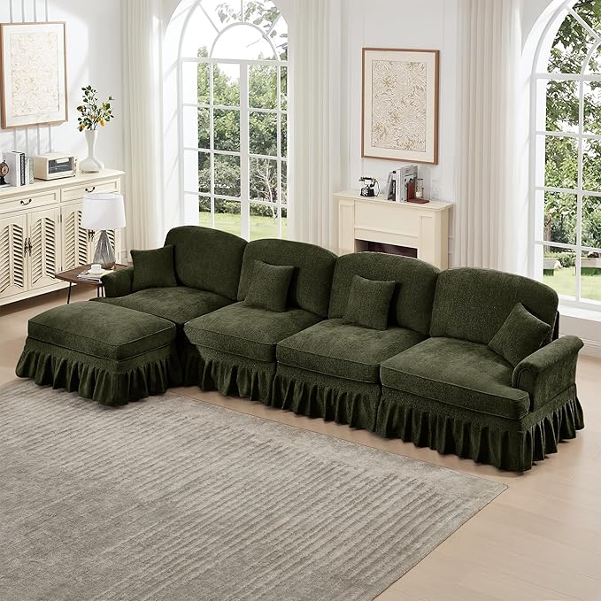 KEIKI Mid Century Modular Sofa with Flared Arms and Skirted Design, 137“ Oversized 4-Seater with Ottoman Luxury Chenille L-Shaped Sectional Couches for Living Room, Chaise Lounge Indoor, Green