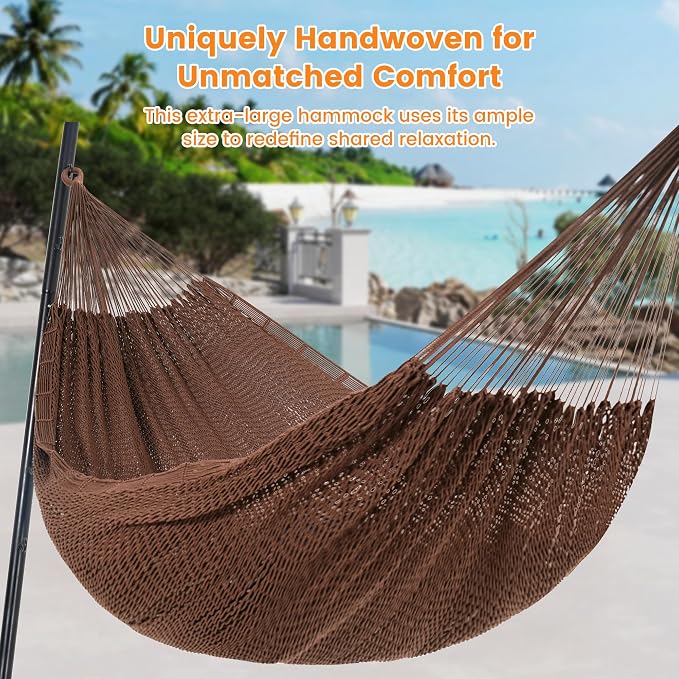 Lazy Daze Hammocks Handwoven Mayan Hammock, 10.5 FT Soft Rope Double Hammocks, Portable Outdoor Hammock with Carry Bag, 2 Straps & Carabiners for Patio Outside, 550 lbs Weight Capacity, Coffee - Image 2