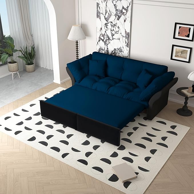 Eafurn 3-in-1 Convertible Sofa Bed Queen Size Pull Out Sleeper Sofa with Skin-Friendly Velvet Fabric, Multi-Functional Loveseat with Pillow Armrest for Guest Room & Living Room