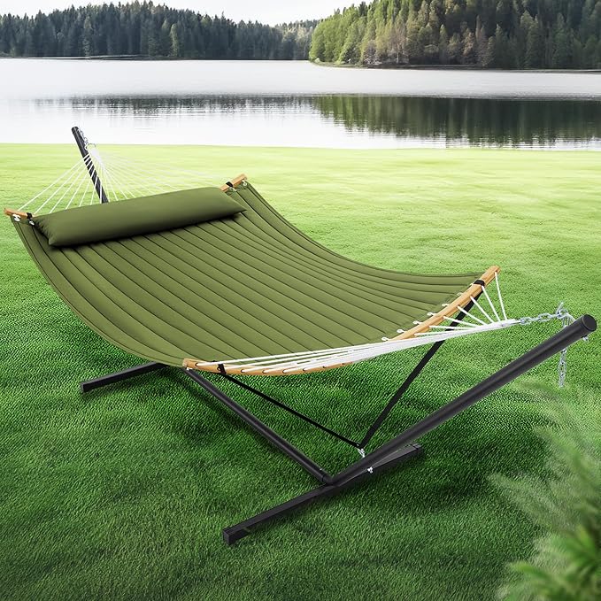 SUPERJARE Curved-Bar Hammock with Stand, 2 Person Heavy Duty Hammock Frame, Detachable Pillow & Portable Carrying Bag, Perfect for Outdoor & Indoor, Spring Green - Image 2