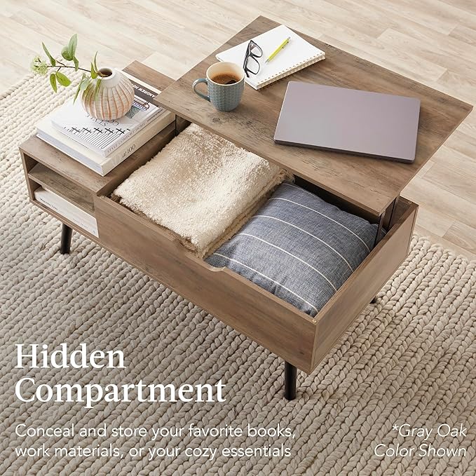 Best Choice Products Lift Top Coffee Table, Wooden Mid-Century Modern Multifunctional Accent Table for Living Room w/Hidden Storage, 2 Cubbies, Removable Shelf - Brown