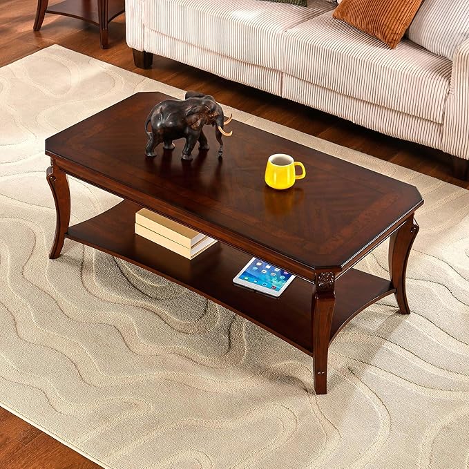 PADMA HOUSE Traditional Wood Coffee Table with Storage Shelf, Rectangle Solid Wood Tea Table with Curved Legs, 2-Tier Wooden Center Tables in Cherry for Living Room,47.2 * 23.6 * 17.9in