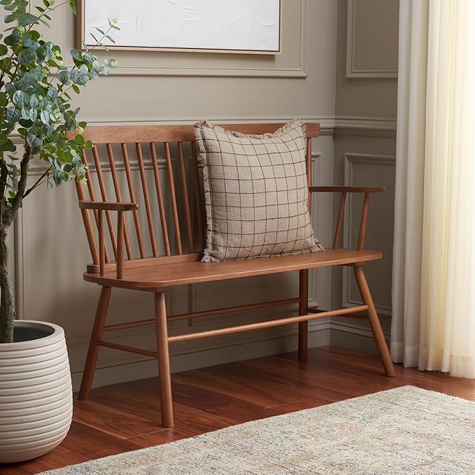 SAFAVIEH Home Collection Addison Farmhouse Honey Solid Wood Windsor Spindle Loveseat Bench