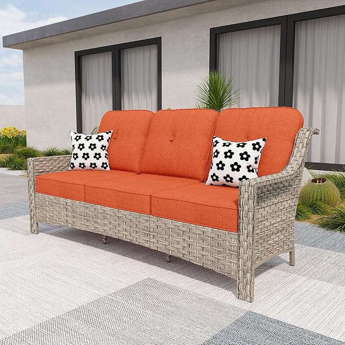 HOOOWOOO Patio Couch,Outdoor Wicker 3 Seater Sofa,All Weather Resistant High Back Rattan Deck Matching Furniture(Red)