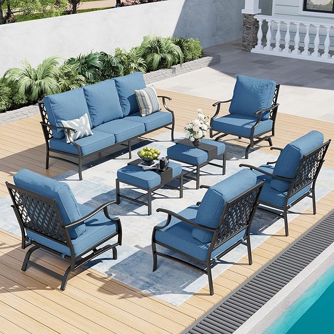 7 Piece Metal Outdoor Patio Furniture Sets, Patio Conversation Sets 1 3-seater Sofa, 2 Fixed Chair, 2 Rocking Chair, 2 Ottomans with 5.75" Thick Cushion, Black Backyard Furniture, Navy