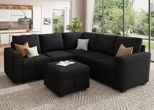 HONBAY Velvet U-Shaped Sectional Couch with Storage,Modular Sectional Sofa with Storage Ottoman Convertible L-Shaped Sofa for Living Room, Black