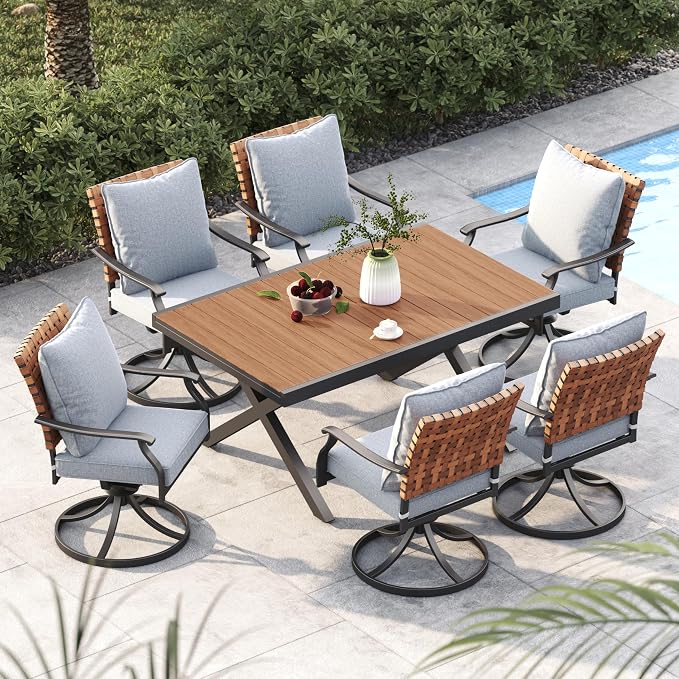 Grand patio 7-Piece Outdoor Dining Set, 6 Leather-Look Wicker Swivel Patio Chairs & 1 Extendable Rectangular Dining Table, Brown by GrandPatio