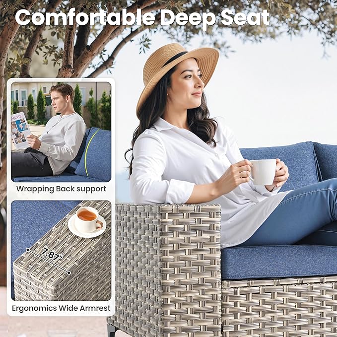 ovios 4-Piece Patio Furniture Set with L-Shape Sofa Chaise, Outdoor Sectional Couch Comfy Cushions, Modern Modular Wicker Rattan Conversation Set, Denim Blue