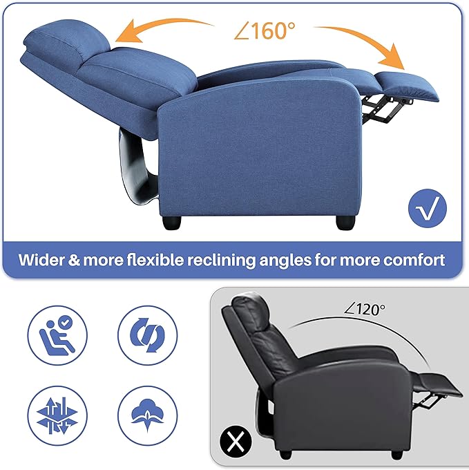 Topeakmart Fabric Recliner Sofa Push Back Recliner Chair Adjustable Modern Single Reclining Chair Upholstered Sofa with Pocket Spring Living Room Bedroom Home Theater Light Blue