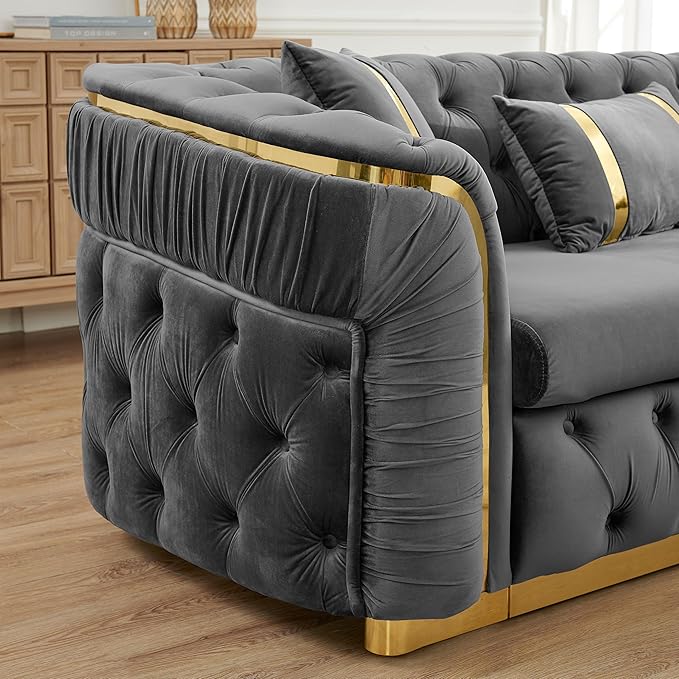KEIKI 111" L-Shaped Luxury Velvet Chesterfield Sectional Sofa with Gold Stainless Steel Accents and 7 Pillows, Mid-Century Oversized 5-Seater Button Tufted Couch, Easy Assembly, for Living Room, Grey