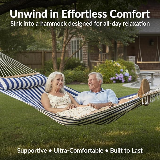 Sunnydaze Quilted Double Hammock for Outside with Spreader Bars and Pillow - 450 lb Capacity, 74x55 Inch Bed, UV Resistant, Quick Dry - Chains Included, Stand Sold Separately - Blue & White Stripe - Image 2