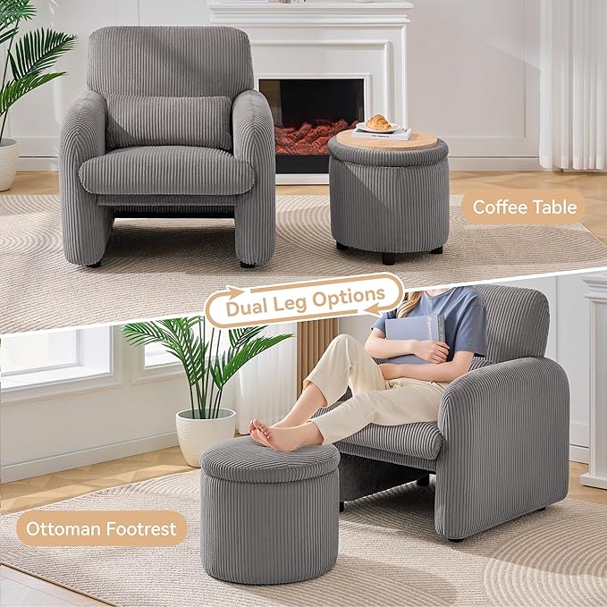 WUTUTUEE Corduroy Accent Chair with Storage Ottoman, Upholstered Armchair with Lumbar Pillow, Flip-Top Ottoman Converts to Coffee Table, Modern Sofa Chair for Living Room, Bedroom, Office, Grey