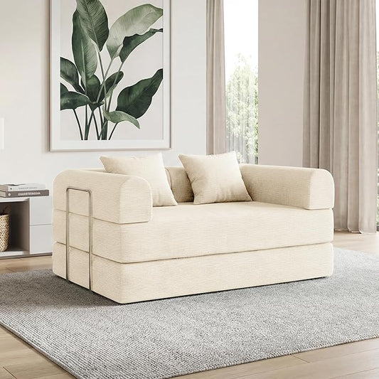 53.15'' Convertible Compressed Corduroy Folding Cloud Sofa Bed, Modern Boneless Pull Out Loveseat Sleeper in a Box, 4 in 1 Floor Mattress Futon Cloud Couch, No Assembly Needed, Beige, 2 Pillows, Full