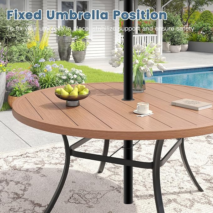 DIFY Patio Dining Set for 10, 11 Piece Outdoor Table and Chairs Set, 63" Walnut Round Metal Patio Dining Table and Brown Textilene Stackable Patio Chairs, for Backyard Garden Poolside - Image 3