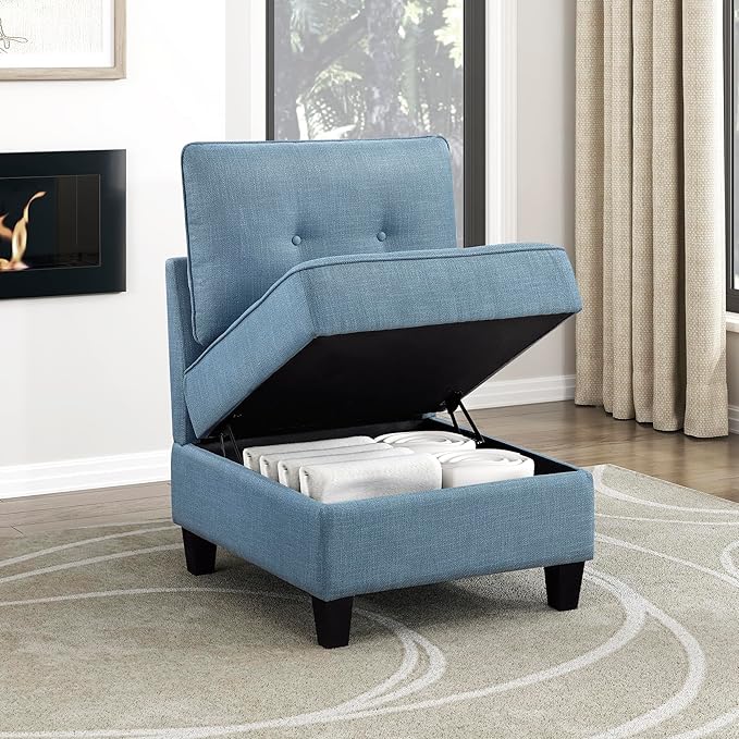 Lexicon Modern Modular Armless Chair with Hidden Storage, Textured Fabric Chair with Button-Tufted Design, Reversible Back Cushion for Living Room/Bedroom/Office, Blue