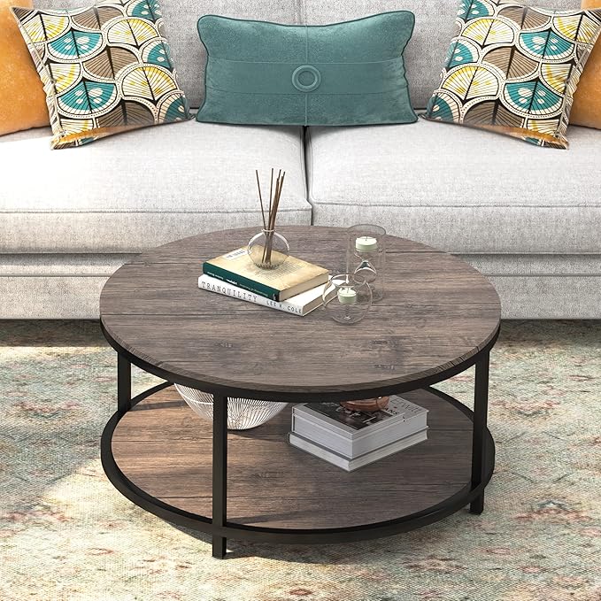 WiberWi Round Coffee Table 35.8" Circle Coffee Tables for Living Room Rustic Industrial Cocktail Table with Sturdy Metal Frame and Open Storage Shelf, Easy Assembly, Gray Brown
