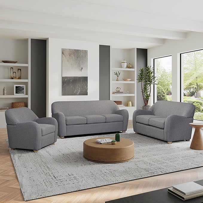 Studio Living® Jennifer 36.6" Arm Chair, Modern Style, Pocket Coil Comfort, Natural Wood Legs, Boucle Fabric, Gray