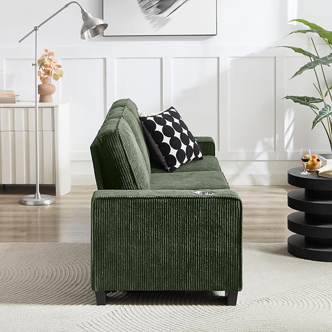 83" Modern Cloud Sofas for Living Room Bedroom, 3 Seat Modular Couch Soft Corduroy Upholstered Loveseat Couches with Cupholders for Home Apartment Office Studio