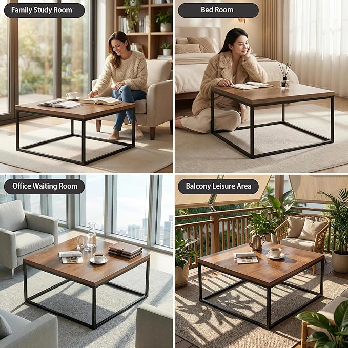 CENSI 30" Square Coffee Table, Walnut Wood Center Table for Living Room, Modern Industrial Metal Frame, Extra Thick 1.2" Top, Rustic Farmhouse Cocktail Table, Mid Century Style, Easy Assembly