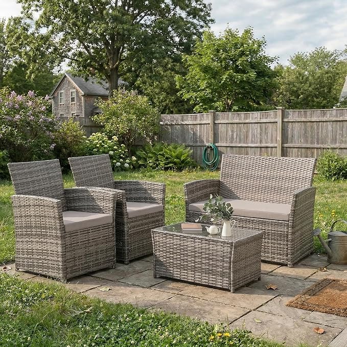 FHFO 4 Piece Outdoor Patio Furniture Sets, Wicker Sectional Conversation Sofa Set, Rattan Table and Chairs and Loveseat with Cushions for Outside Balcony Porch Backyard (Gray-Gray)