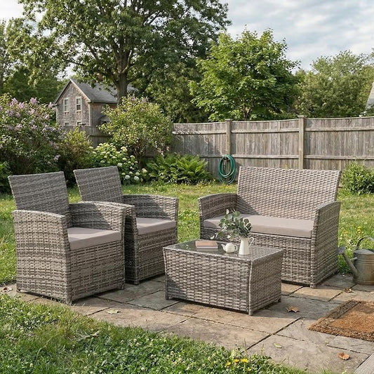 FHFO 4 Piece Outdoor Patio Furniture Sets, Wicker Sectional Conversation Sofa Set, Rattan Table and Chairs and Loveseat with Cushions for Outside Balcony Porch Backyard (Gray-Gray)
