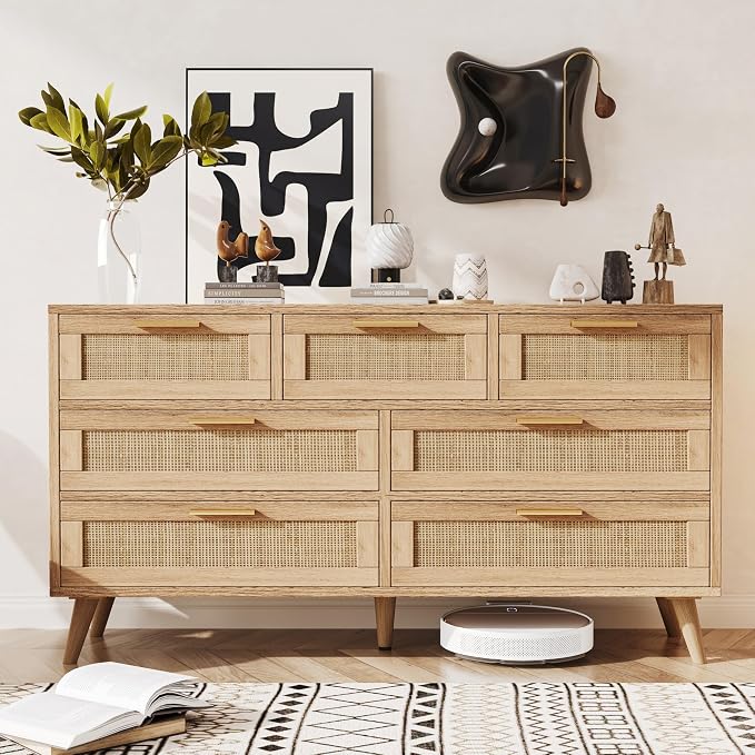 Rovaurx 7 Drawer Double Dresser for Bedroom, Rattan Chest of Dressers, Modern Wooden Dresser Chest with Golden Handles, Beside Table for Closet, Living Room and Entryway, Natural RDG004M by Rovaurx