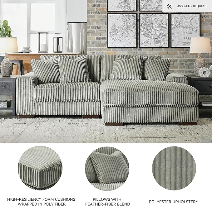 Signature Design by Ashley Lindyn Casual Right-Arm Facing 2-Piece Sectional with Chaise, Reversible Cushions and 4 Throw Pillows, Gray