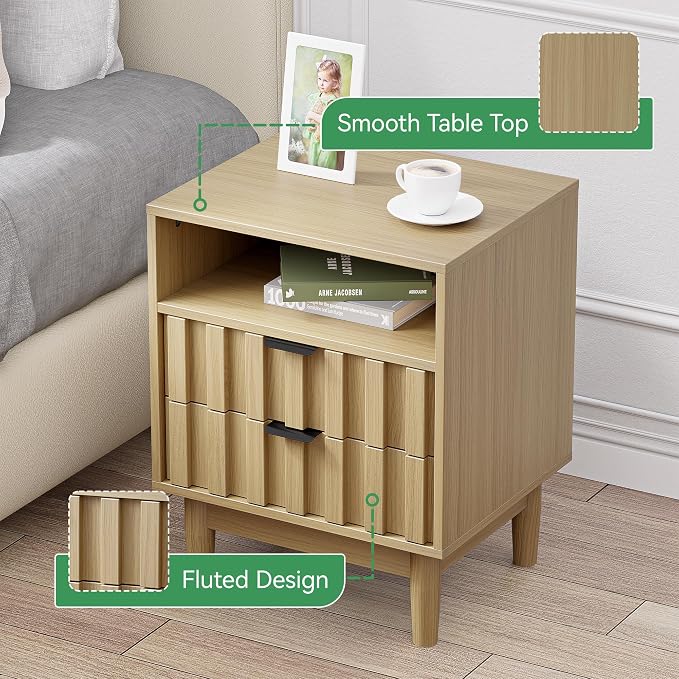 Fluted Nightstand with 2 Drawers, 19" Wide Night Stand with Solid Wood Legs, Open Storage Shelf, Mid Century Modern Wooden Bedside Table for Bedroom, Bed End Side Table, Oak - Image 4