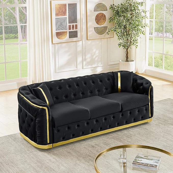 KEIKI 85" Luxury Oversized Velvet Chesterfield Sofa with 2 Pillow & Gold Stainless Decoration, Italian Modern Style 3-Seater Button Tufted Couch with Rolled Arms, Easy Assembly, for Living Room, Black