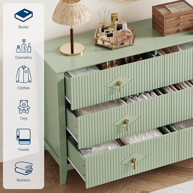 GarveeHome Fluted Dresser for Bedroom, 54 Inch Wide 6-Drawer Wood Dresser, Modern Chest of Drawers, Storage Organizer Cabinet for Living Room, Hallway, Entryway, Green - Image 5