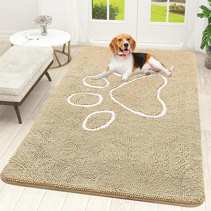 OLANLY Dog Door Mat for Muddy Paws 70x46, Paw Print Design, Absorbs Moisture and Dirt, Absorbent Non-Slip Washable Doormat, Quick Dry Chenille Mud Mat for Dogs, Entry Indoor Entryway Carpet, Beige by OLANLY