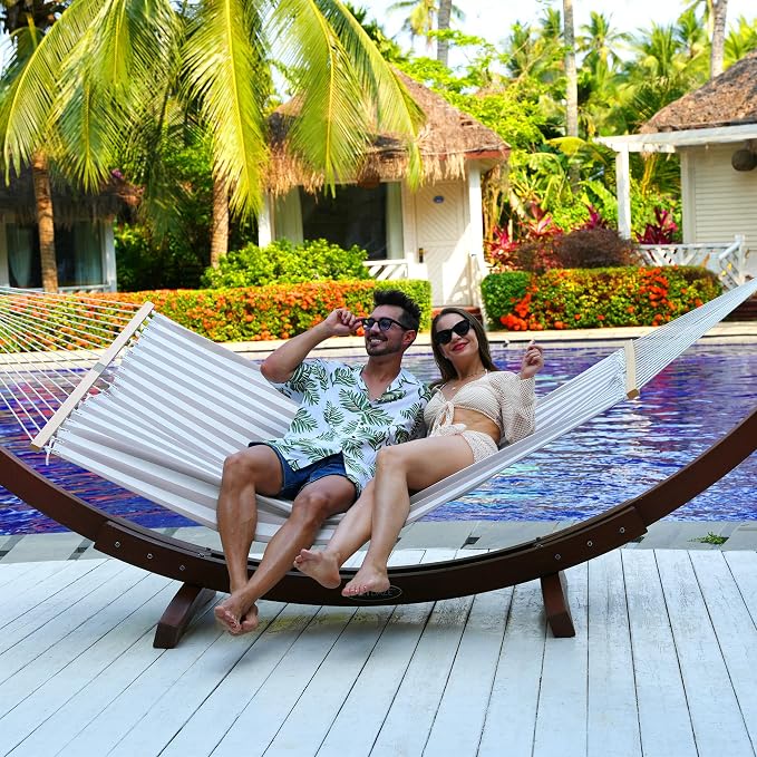 Lazy Daze Hammocks Quick Dry Hammock with Spreader Bar Textliene Fabric Double 2 Person Hammock with Chains Outdoor Patio Poolside Backyard Beach 450 lbs Capacity, Beige White Stripes - Image 6