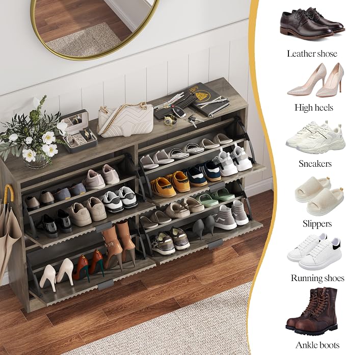 HUANLEGO Shoe Cabinet Storage for Entryway with 4 Flip Drawers, Grey Fluted Shoe Cabinet with Adjustable Shelves, Wooden Hidden Shoes Rack Freestanding Narrow Slim Shoes Storage for Hallway, Entrance - Image 3