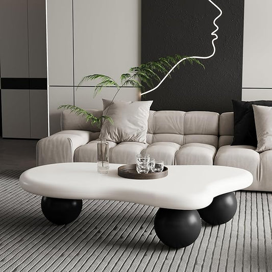 47" Cloud Coffee Table for Living Room Irregular Coffee Table Modern Low Coffee Tables Cute Small Center Table with 3 Ball Legs for Small Space Apartment White & Black